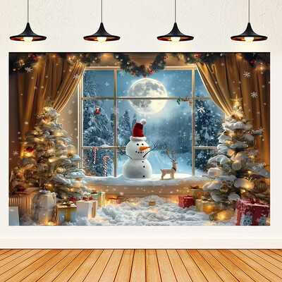 Ünnepi parti karácsonyfa fotózás háttér dekoráció ablak hóember téma Téli piros függöny Mikulás fotózás