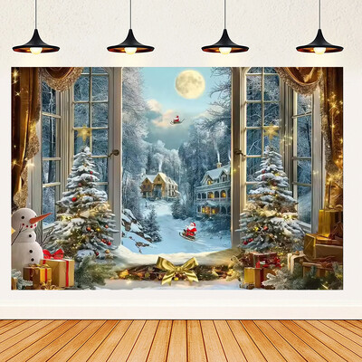 Ünnepi parti karácsonyfa fotózás háttér dekoráció ablak hóember téma Téli piros függöny Mikulás fotózás