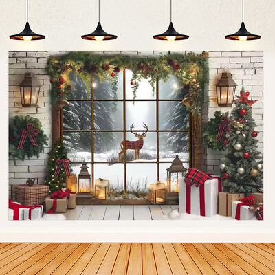 Ünnepi parti karácsonyfa fotózás háttér dekoráció ablak hóember téma Téli piros függöny Mikulás fotózás