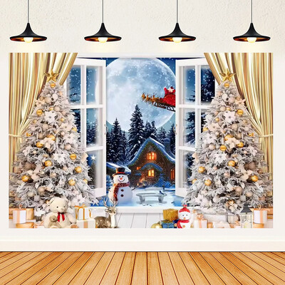 Ünnepi parti karácsonyfa fotózás háttér dekoráció ablak hóember téma Téli piros függöny Mikulás fotózás