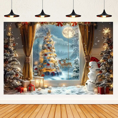 Ünnepi parti karácsonyfa fotózás háttér dekoráció ablak hóember téma Téli piros függöny Mikulás fotózás