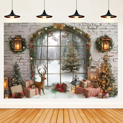 Ünnepi parti karácsonyfa fotózás háttér dekoráció ablak hóember téma Téli piros függöny Mikulás fotózás