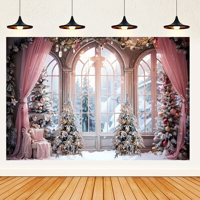 Ünnepi parti karácsonyfa fotózás háttér dekoráció ablak hóember téma Téli piros függöny Mikulás fotózás
