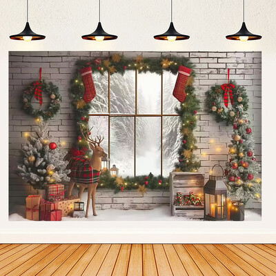 Ünnepi parti karácsonyfa fotózás háttér dekoráció ablak hóember téma Téli piros függöny Mikulás fotózás