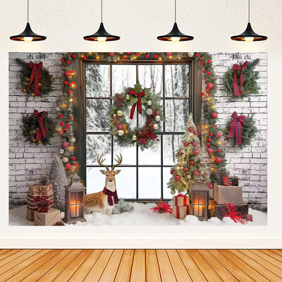 Ünnepi parti karácsonyfa fotózás háttér dekoráció ablak hóember téma Téli piros függöny Mikulás fotózás