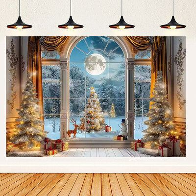Ünnepi parti karácsonyfa fotózás háttér dekoráció ablak hóember téma Téli piros függöny Mikulás fotózás