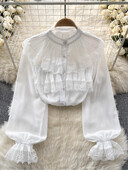 XFPV női édes, drapírozott fodros csipke könnyű blúz állógallér, hosszú ujjú bő ingek 2024. tavasz nyár SM10889