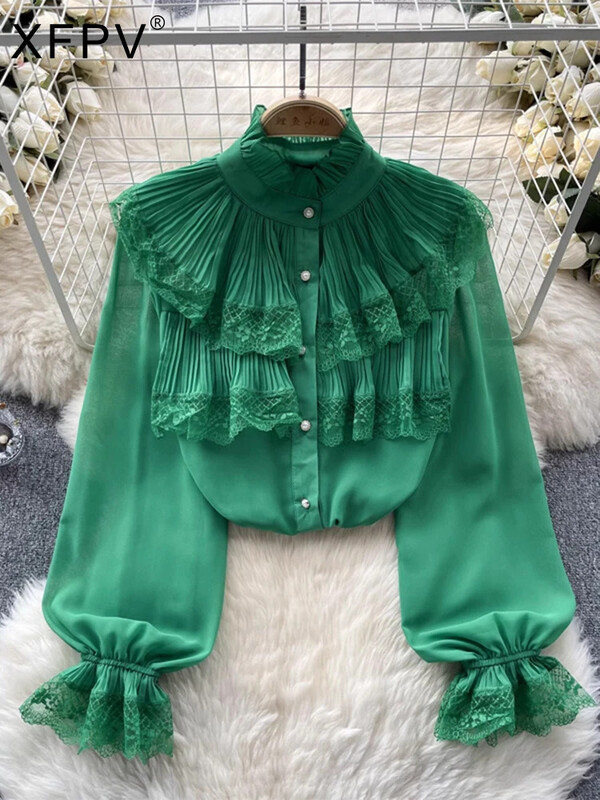 XFPV női édes, drapírozott fodros csipke könnyű blúz állógallér, hosszú ujjú bő ingek 2024. tavasz nyár SM10889