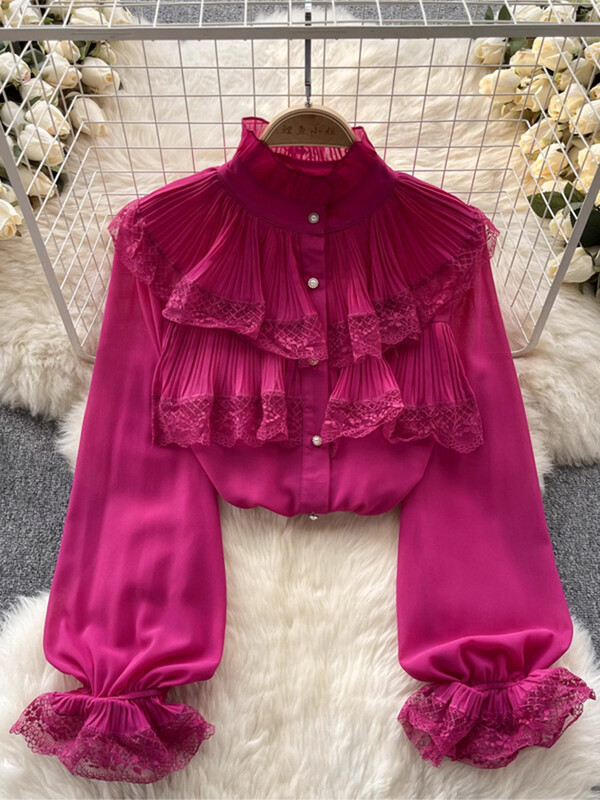 XFPV női édes, drapírozott fodros csipke könnyű blúz állógallér, hosszú ujjú bő ingek 2024. tavasz nyár SM10889