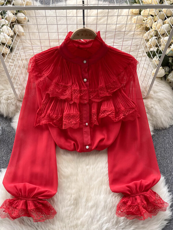 XFPV női édes, drapírozott fodros csipke könnyű blúz állógallér, hosszú ujjú bő ingek 2024. tavasz nyár SM10889