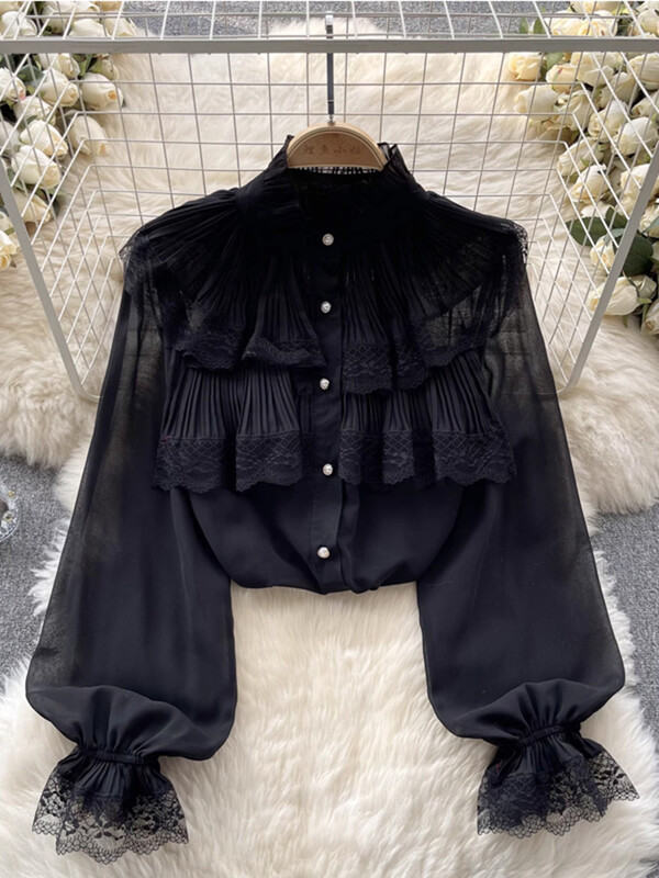 XFPV női édes, drapírozott fodros csipke könnyű blúz állógallér, hosszú ujjú bő ingek 2024. tavasz nyár SM10889