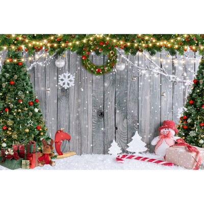 Χριστουγεννιάτικο σκηνικό για φωτογραφία Χειμωνιάτικη νύχτα Χρυσό γκλίτερ φως χιονάνθρωπος πεύκο για πάρτι γενεθλίων μωρό Διακόσμηση φόντου