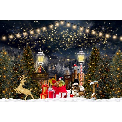 Χριστουγεννιάτικο σκηνικό για φωτογραφία Χειμωνιάτικη νύχτα Χρυσό γκλίτερ φως χιονάνθρωπος πεύκο για πάρτι γενεθλίων μωρό Διακόσμηση φόντου