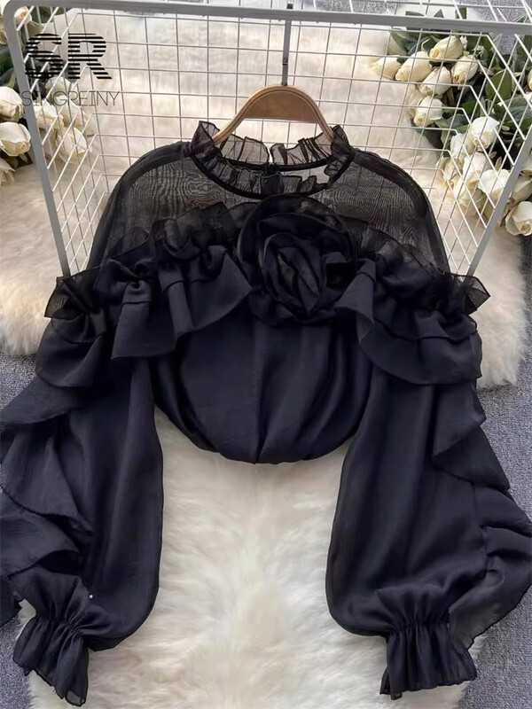 SINGREINY fodros sifon blúz nyári női lámpás ujjú divat karcsú, laza nyaraló hölgyek Y2K alkalmi elegáns felsők