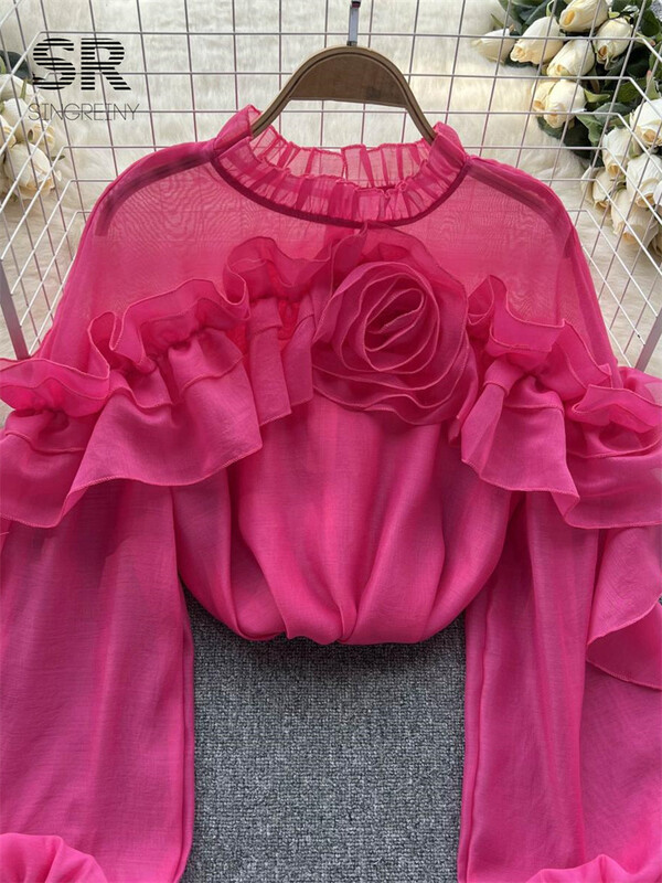 SINGREINY fodros sifon blúz nyári női lámpás ujjú divat karcsú, laza nyaraló hölgyek Y2K alkalmi elegáns felsők