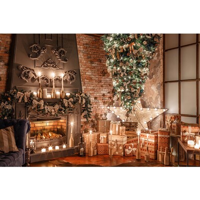 Karácsonyi háttér tégla kandalló karácsonyfa ajándék gyerekeknek baba család barkács dekoráció fotózás háttér fotóhívás