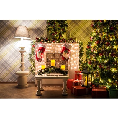 Karácsonyi háttér tégla kandalló karácsonyfa ajándék gyerekeknek baba család barkács dekoráció fotózás háttér fotóhívás