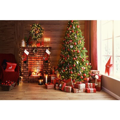 Karácsonyi háttér tégla kandalló karácsonyfa ajándék gyerekeknek baba család barkács dekoráció fotózás háttér fotóhívás