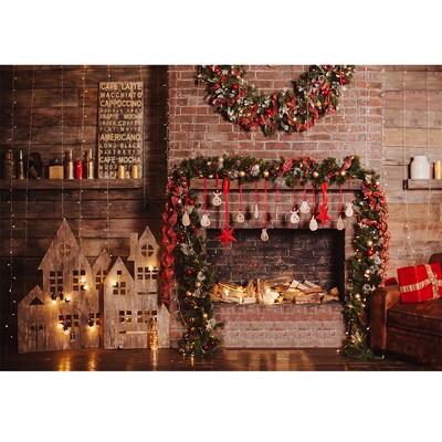 Karácsonyi háttér tégla kandalló karácsonyfa ajándék gyerekeknek baba család barkács dekoráció fotózás háttér fotóhívás