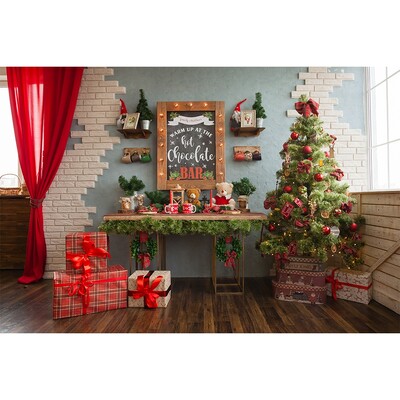 Karácsonyi háttér tégla kandalló karácsonyfa ajándék gyerekeknek baba család barkács dekoráció fotózás háttér fotóhívás