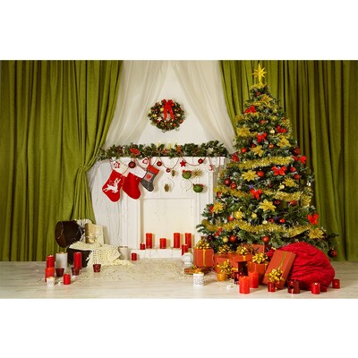 Karácsonyi háttér tégla kandalló karácsonyfa ajándék gyerekeknek baba család barkács dekoráció fotózás háttér fotóhívás