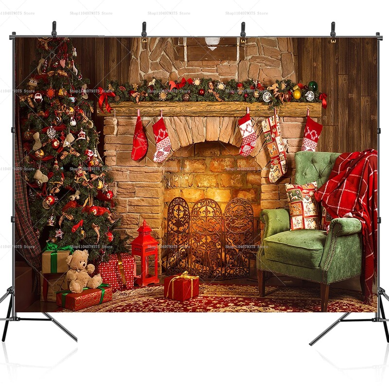 Karácsonyi háttér tégla kandalló karácsonyfa ajándék gyerekeknek baba család barkács dekoráció fotózás háttér fotóhívás