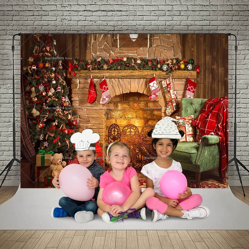 Karácsonyi háttér tégla kandalló karácsonyfa ajándék gyerekeknek baba család barkács dekoráció fotózás háttér fotóhívás