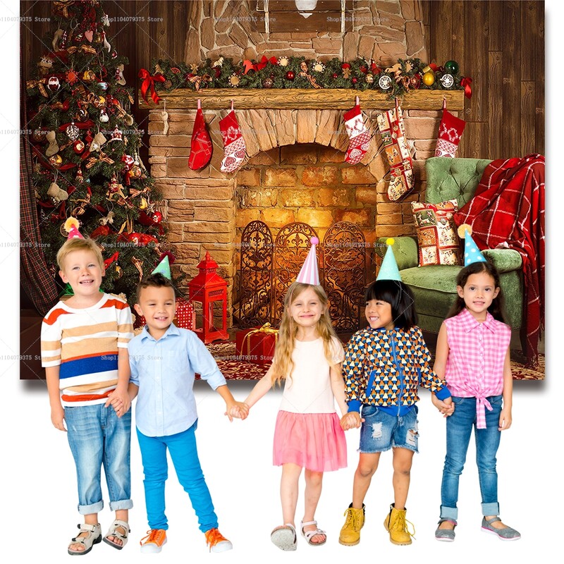 Karácsonyi háttér tégla kandalló karácsonyfa ajándék gyerekeknek baba család barkács dekoráció fotózás háttér fotóhívás