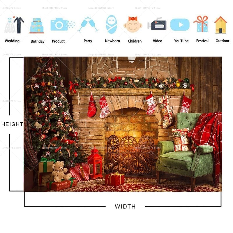 Karácsonyi háttér tégla kandalló karácsonyfa ajándék gyerekeknek baba család barkács dekoráció fotózás háttér fotóhívás