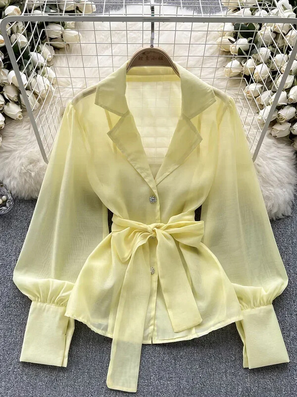 Női tavaszi őszi ing Vintage buborékos ujjú póló nyakú póló New Niche Design, fűzős deréktávolságú vékony felső D5661