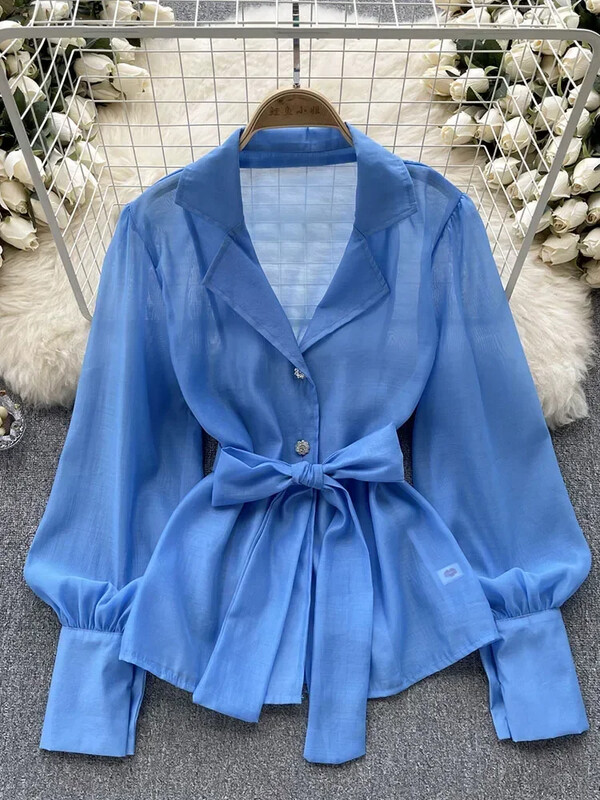 Női tavaszi őszi ing Vintage buborékos ujjú póló nyakú póló New Niche Design, fűzős deréktávolságú vékony felső D5661