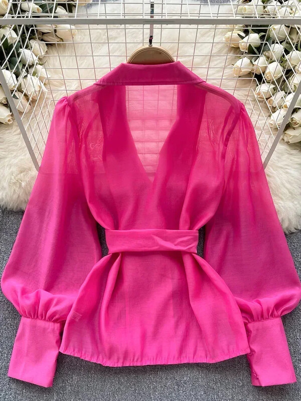 Női tavaszi őszi ing Vintage buborékos ujjú póló nyakú póló New Niche Design, fűzős deréktávolságú vékony felső D5661