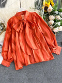 Moteriški marškiniai „Sprin Autumn“ Nauji atlasiniai marškiniai „Bow Apykaklės“ Puff rankovės Laisvos Moteriškos Moteriškos Palaidinės „Tide Tops“ ML671