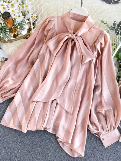 Moteriški marškiniai „Sprin Autumn“ Nauji atlasiniai marškiniai „Bow Apykaklės“ Puff rankovės Laisvos Moteriškos Moteriškos Palaidinės „Tide Tops“ ML671