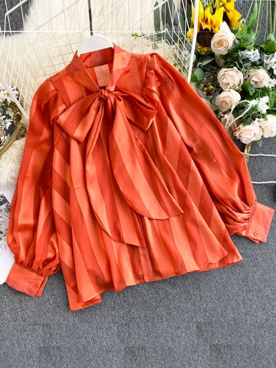 Moteriški marškiniai „Sprin Autumn“ Nauji atlasiniai marškiniai „Bow Apykaklės“ Puff rankovės Laisvos Moteriškos Moteriškos Palaidinės „Tide Tops“ ML671