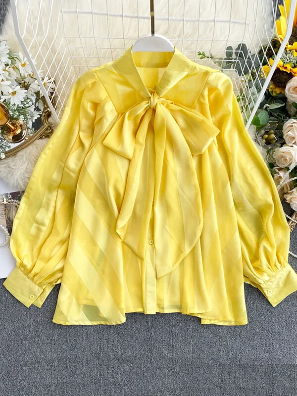 Moteriški marškiniai „Sprin Autumn“ Nauji atlasiniai marškiniai „Bow Apykaklės“ Puff rankovės Laisvos Moteriškos Moteriškos Palaidinės „Tide Tops“ ML671