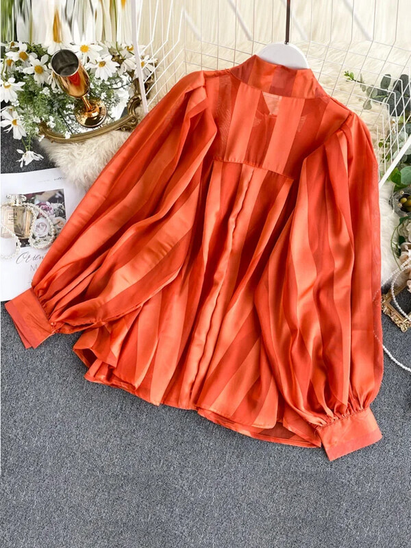 Moteriški marškiniai „Sprin Autumn“ Nauji atlasiniai marškiniai „Bow Apykaklės“ Puff rankovės Laisvos Moteriškos Moteriškos Palaidinės „Tide Tops“ ML671