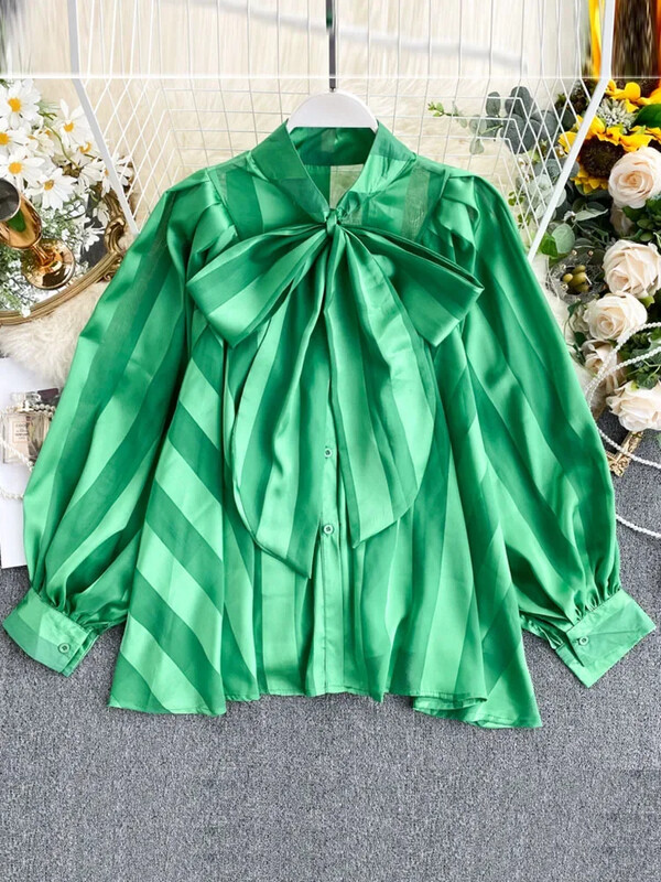 Moteriški marškiniai „Sprin Autumn“ Nauji atlasiniai marškiniai „Bow Apykaklės“ Puff rankovės Laisvos Moteriškos Moteriškos Palaidinės „Tide Tops“ ML671