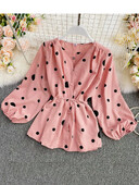 Bluză neregulată pentru femei, cămăși din șifon cu buline, toamnă, mâneci bufante, franțuzești, talie tăiată, bluză feminină, topuri PL521