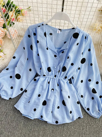 Bluză neregulată pentru femei, cămăși din șifon cu buline, toamnă, mâneci bufante, franțuzești, talie tăiată, bluză feminină, topuri PL521