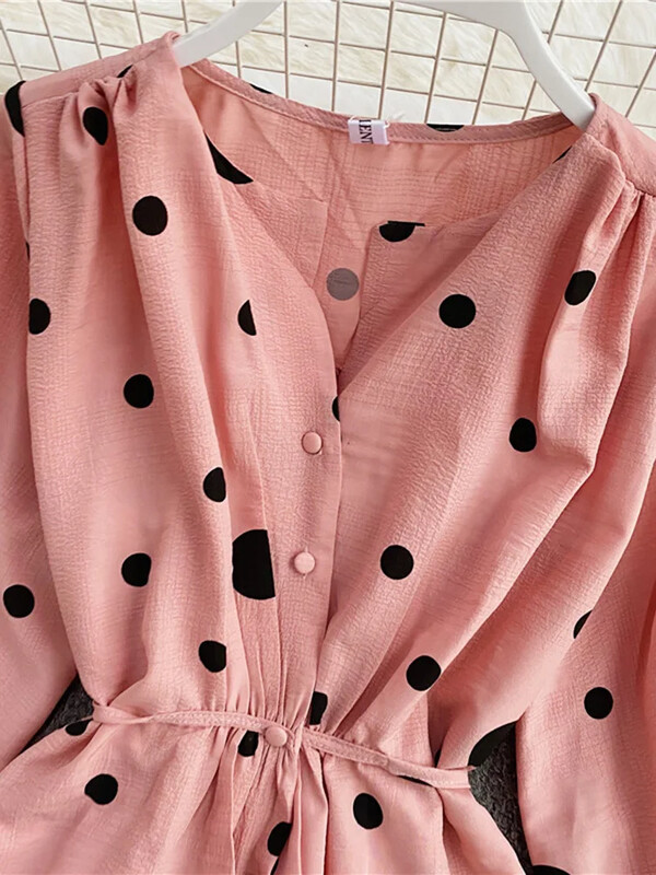 Bluză neregulată pentru femei, cămăși din șifon cu buline, toamnă, mâneci bufante, franțuzești, talie tăiată, bluză feminină, topuri PL521