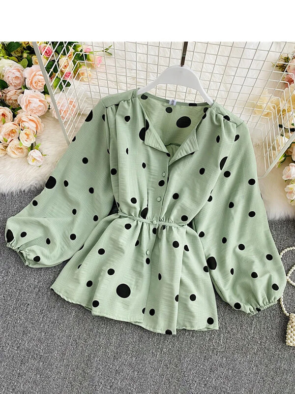 Bluză neregulată pentru femei, cămăși din șifon cu buline, toamnă, mâneci bufante, franțuzești, talie tăiată, bluză feminină, topuri PL521