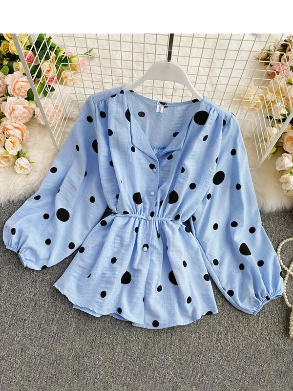 Bluză neregulată pentru femei, cămăși din șifon cu buline, toamnă, mâneci bufante, franțuzești, talie tăiată, bluză feminină, topuri PL521