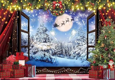 Boldog karácsonyfa ablakdísz háttér Mikulás Hold éjszaka Háttér Fotózás Banner Fesztivál újévi buli díszek