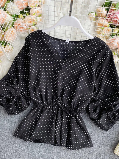 Ανοιξιάτικη καλοκαιρινή γυναικεία μπλούζα Νέα ρετρό πουά με λαιμόκοψη με λαιμόκοψη με λαιμόκοψη Κορέα Λεπτό μπλουζάκι με βολάν από σιφόν LL154