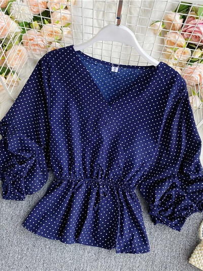 Ανοιξιάτικη καλοκαιρινή γυναικεία μπλούζα Νέα ρετρό πουά με λαιμόκοψη με λαιμόκοψη με λαιμόκοψη Κορέα Λεπτό μπλουζάκι με βολάν από σιφόν LL154