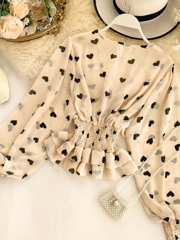 Cămașă din șifon cu imprimeu dragoste pentru femei, top primăvară toamnă, cu decolteu în V, mâneci bufante, talie elastică, cu două straturi, cu volane, topuri și bluze ML702