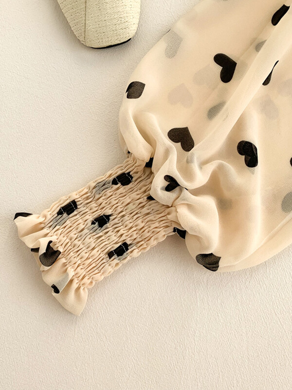 Cămașă din șifon cu imprimeu dragoste pentru femei, top primăvară toamnă, cu decolteu în V, mâneci bufante, talie elastică, cu două straturi, cu volane, topuri și bluze ML702