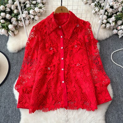 Francia blúz női horgolt, kivágott, virágos női felsők Mujer lehajtható gallér hosszú ujjú, egysoros blusas dropship