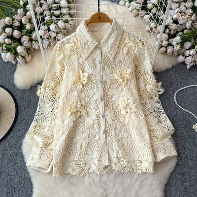 Francia blúz női horgolt, kivágott, virágos női felsők Mujer lehajtható gallér hosszú ujjú, egysoros blusas dropship